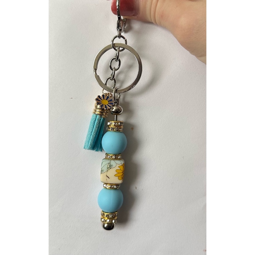Blue and Gold Beaded Keychain